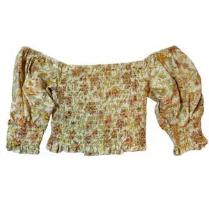 Billabong Cropped Top Womens S Multi Floral Ruched Long Sleeve Off the Shoulder